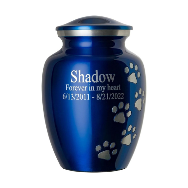Pet Urn for Dogs and Cats with Personalized Laser Engraving, Ottillie Paws Premier Series Memorial Urns (Medium Sapphire Blue with Vertical Pewter Paws)