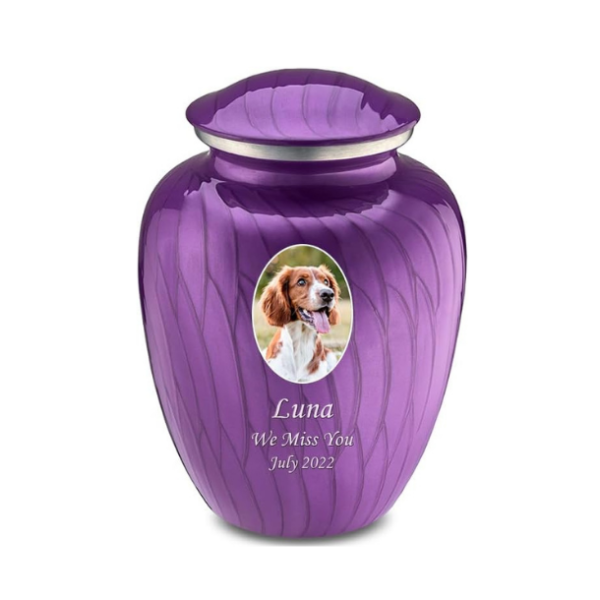 Embrace Portrait Urns for Pet Ashes, Cremation Urns for Pets, Vault with Custom Engraving I Pet urn with UV Printed Photo (Pearl Purple)