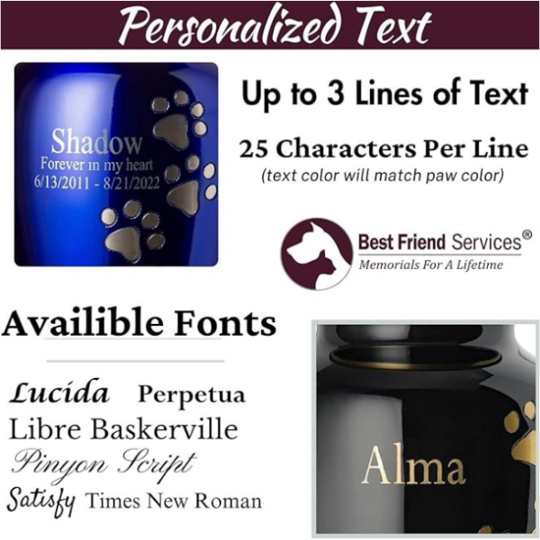 Pet Urn for Dogs and Cats with Personalized Laser Engraving, Ottillie Paws Premier Series Memorial Urns (Medium Sapphire Blue with Vertical Pewter Paws) - Image 2