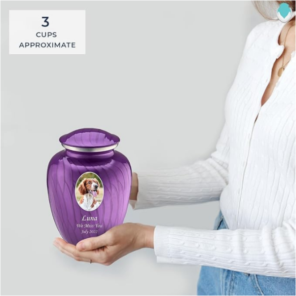 Embrace Portrait Urns for Pet Ashes, Cremation Urns for Pets, Vault with Custom Engraving I Pet urn with UV Printed Photo (Pearl Purple) - Image 2