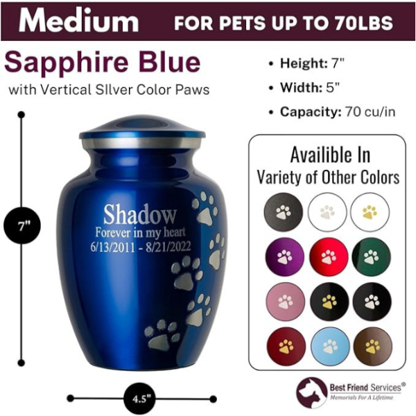 Pet Urn for Dogs and Cats with Personalized Laser Engraving, Ottillie Paws Premier Series Memorial Urns (Medium Sapphire Blue with Vertical Pewter Paws) - Image 3