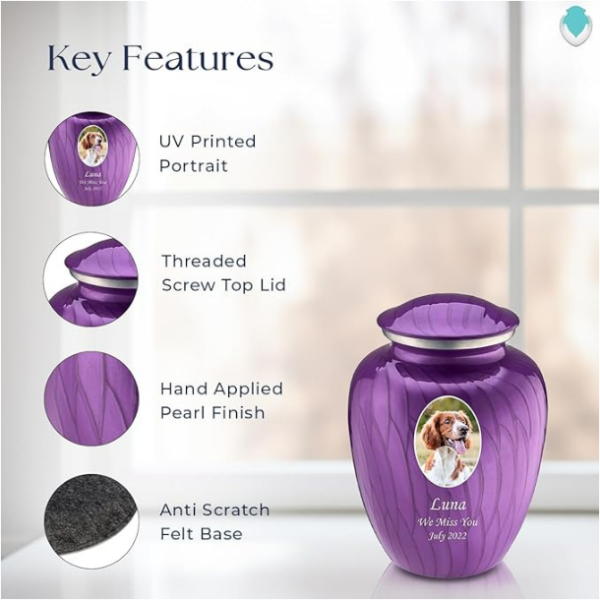 Embrace Portrait Urns for Pet Ashes, Cremation Urns for Pets, Vault with Custom Engraving I Pet urn with UV Printed Photo (Pearl Purple) - Image 3