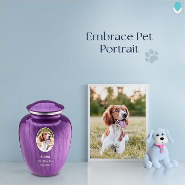 Embrace Portrait Urns for Pet Ashes, Cremation Urns for Pets, Vault with Custom Engraving I Pet urn with UV Printed Photo (Pearl Purple) - Image 4