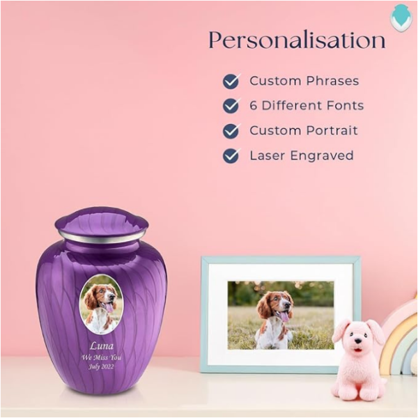 Embrace Portrait Urns for Pet Ashes, Cremation Urns for Pets, Vault with Custom Engraving I Pet urn with UV Printed Photo (Pearl Purple) - Image 5