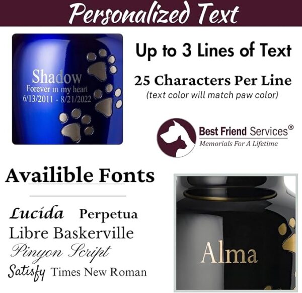 Pet Urn for Dogs and Cats with Personalized Laser Engraving, Ottillie Paws Premier Series Memorial Urns (Small Amethyst Purple with Horizontal Pewter Paws) - Image 3