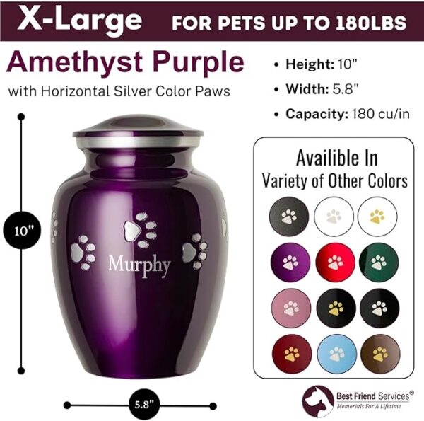 Pet Urn for Dogs and Cats with Personalized Laser Engraving, Ottillie Paws Premier Series Memorial Urns (Small Amethyst Purple with Horizontal Pewter Paws) - Image 5
