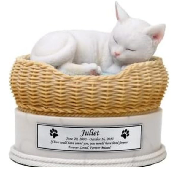 Perfect Memorials Custom Engravable Hand Painted White Cat in Basket Cremation Urn (25 Cu/in) - Cat Urns for Ashes Keepsake for Ashes/Personalized Plaque/cat Memorial Gifts for Loss of cat/pet urn