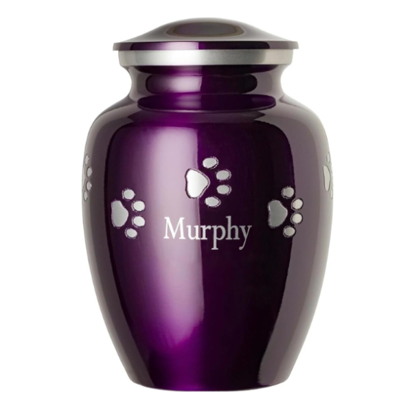 Pet Urn for Dogs and Cats with Personalized Laser Engraving, Ottillie Paws Premier Series Memorial Urns (Small Amethyst Purple with Horizontal Pewter Paws)